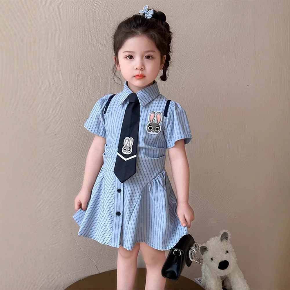 Girls Summer College Style Dress 2025 New Children's Rabbit Police Shirt Dress Baby Princess Dress Summer