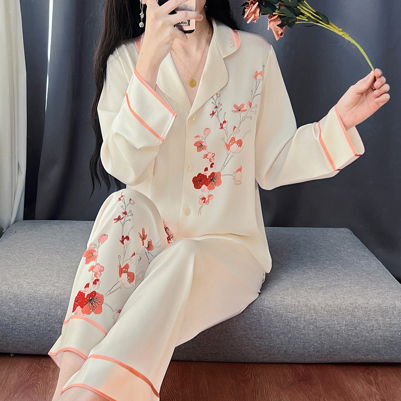 Waterlight Silk Quality Printed Pajamas Women's Spring and Autumn Summer Long-Sleeved Thin Ice Silk Outwear Sweet High-Grade suit