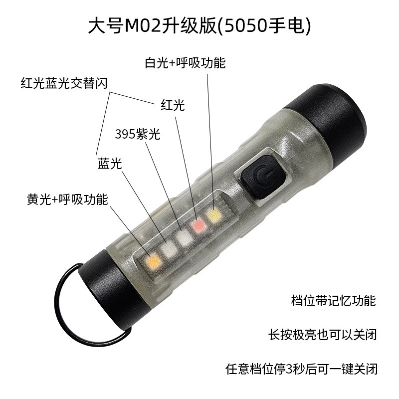 Lintera personalizada M02 actualizada 5050 luz multicolor recargable rojo y azul flash mini luz luminosa de bolsillo