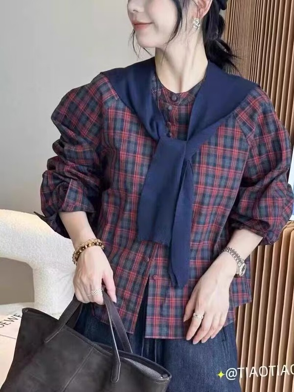 2025秋新款配披肩格子长袖两件套衬衫女休闲宽松显瘦短款衬衣上衣|undefined