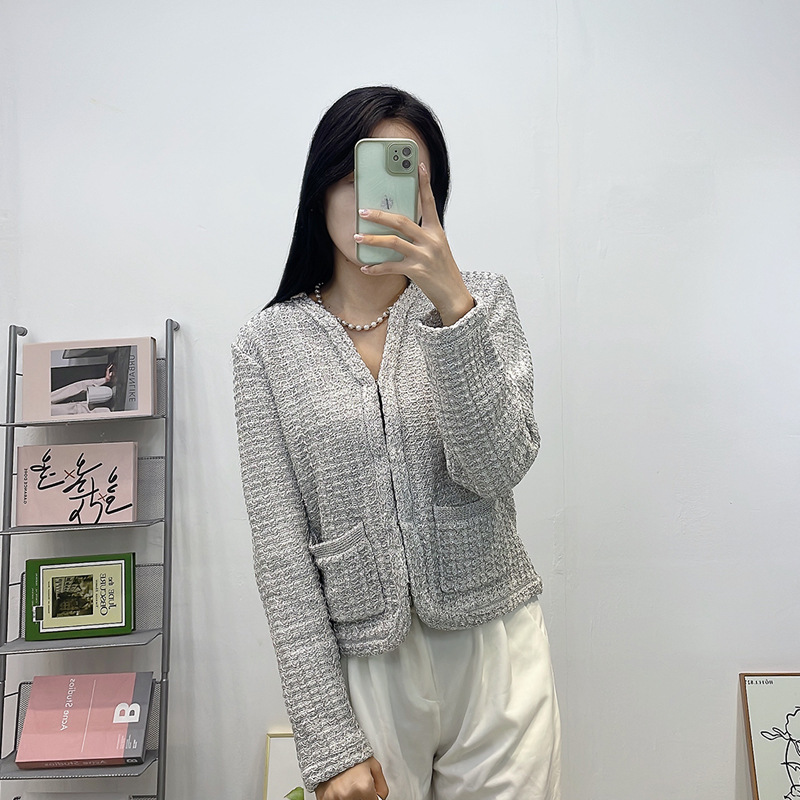 French-Style m Brand Early Spring Women's Silver-Gray Tweed Short Jacket, Chanel-Style Sequined Round-Neck Knitted Cardigan for Women