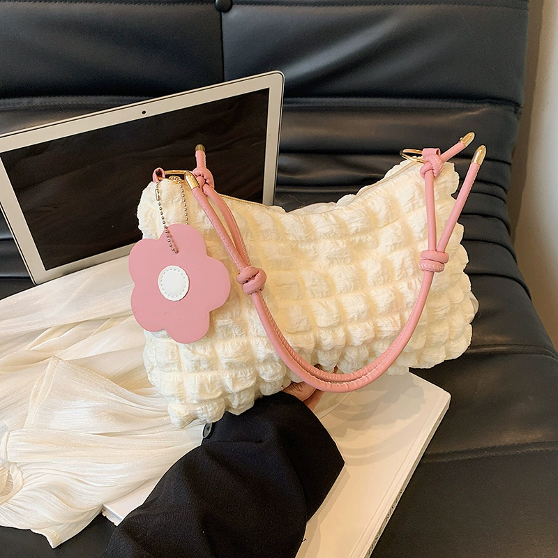 Small Shoulder Bag, Korean Style, Quilted Textured Fabric, Adjustable Strap, Lightweight