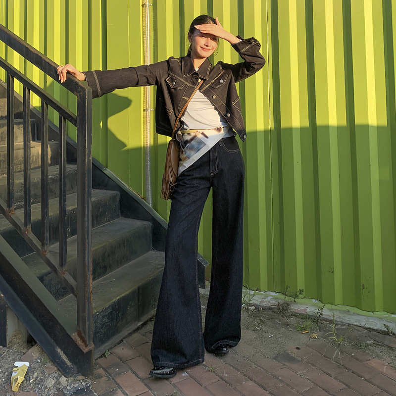 [Denim Suit] Women's New Two-Piece Suit Short Denim Jacket Black Gold Anti-Fading Jeans Trendy