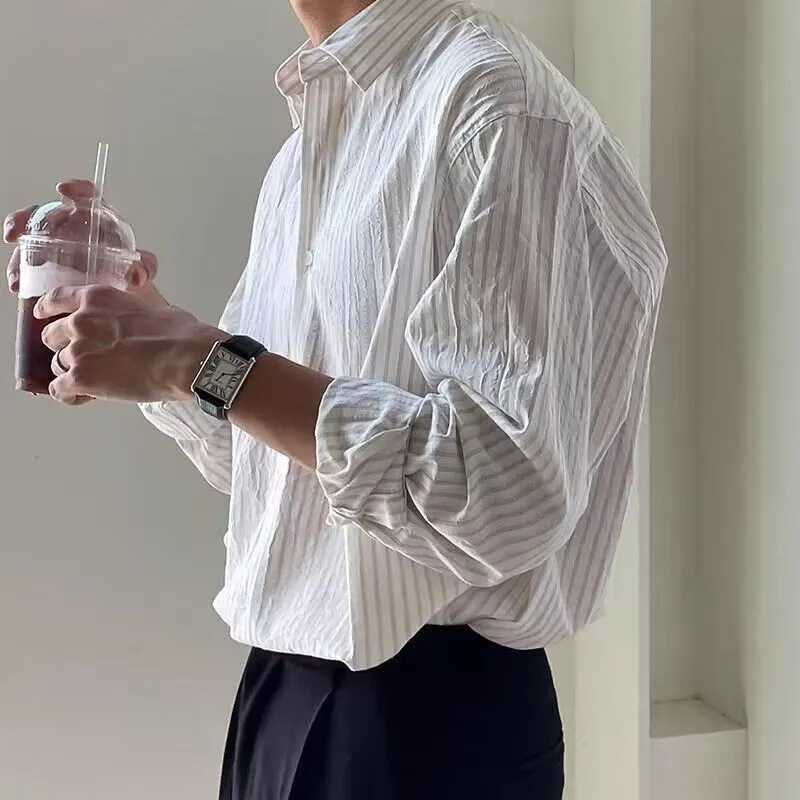 줄무늬 셔츠 남자의 감각 틈새 Plansome 캐주얼 셔츠 일본 스타일 봄과 가을 긴 소매 유행 올 매치 재킷