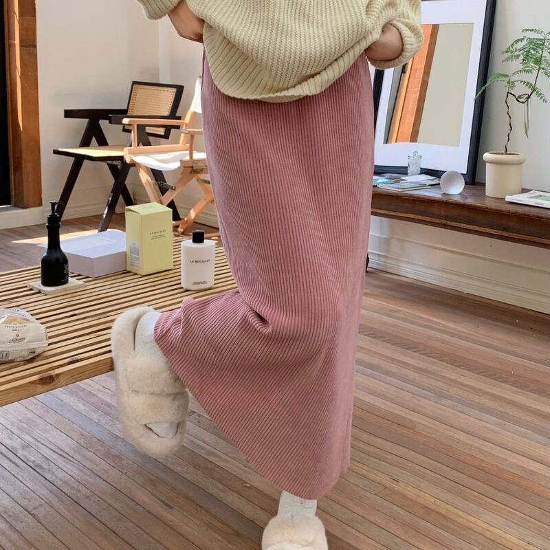 加绒灯芯绒A字半身裙女秋冬胖MM松紧高腰直筒裙子显瘦长裙纯色潮|undefined