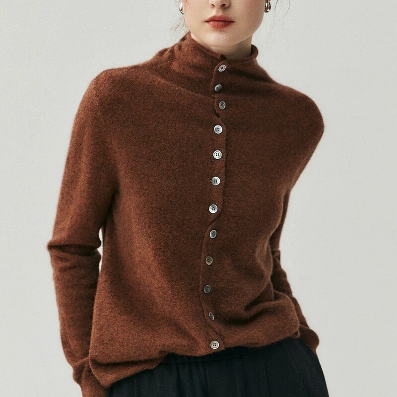 Fluffy Cloud-Like Cashmere Wool Rolled Edge Cardigan Maillard Brown Lazy Two-Wear Knitwear Turtleneck Knitwear