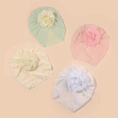 歐美ins嬰兒彈力網紗花朵頭巾帽夏季印度帽寶寶頭飾幼兒套頭帽