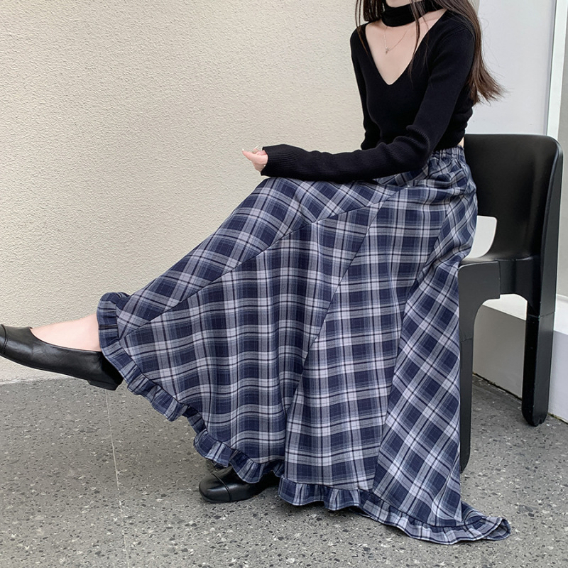 复古气质不规则下摆格纹半身裙女2025新款早秋高腰显瘦大摆a字裙|undefined
