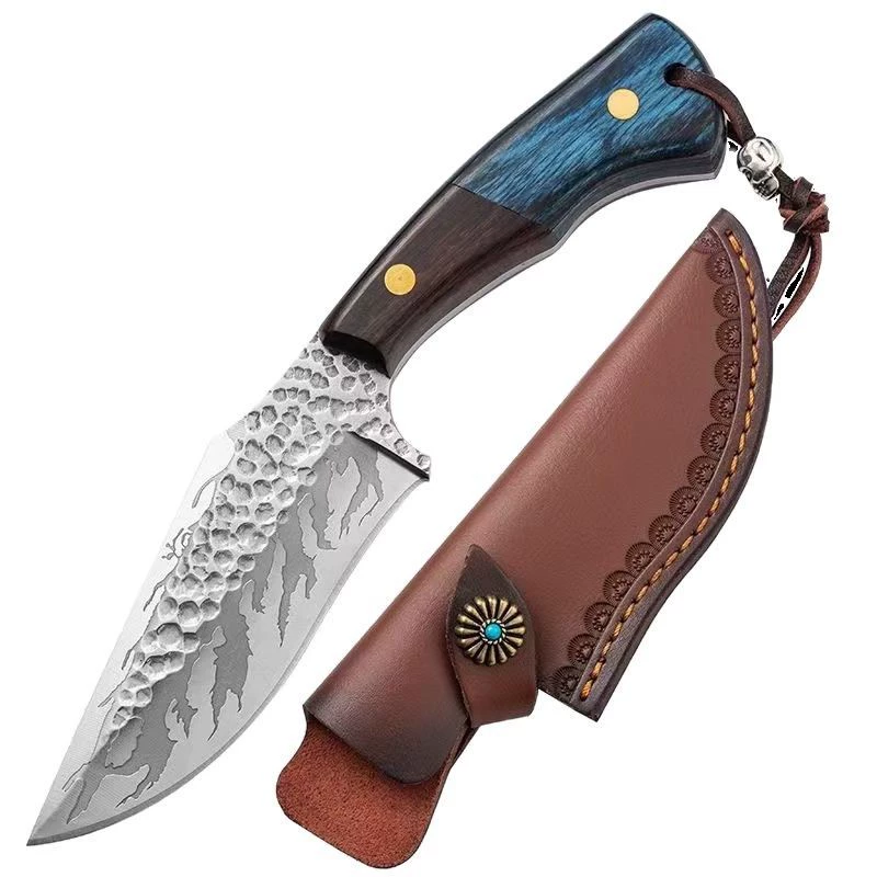 Нож для улицы Fire, ручной с молотковым узором, для походов и экстренных случаев, в кожаном чехле
