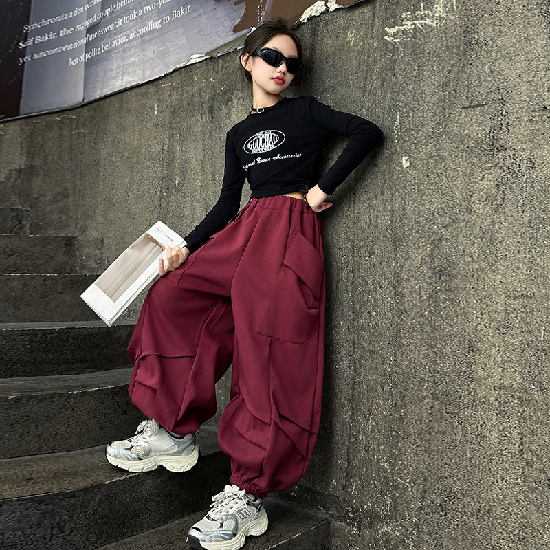 소녀 가을 패션 쿨 할란 바지 큰 아이들을위한 세련된 패션 느슨한 블루머스 어린이 거리 댄스 바지 공연 옷