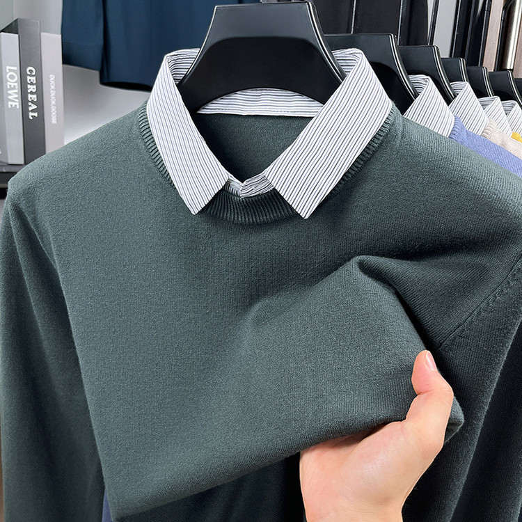 Autumn Men's Sweater with a Fake Two-Piece T-Shirt Collar, Loose Knitwear for Dads, Men's Base Shirt
