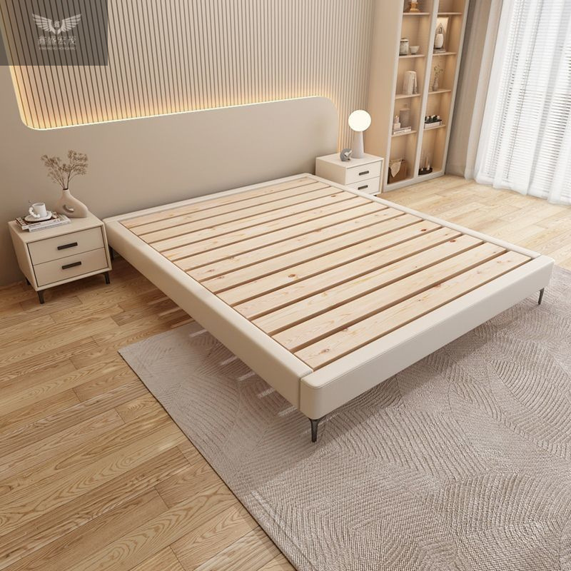 Sin cabecera de cama, cama doble minimalista moderna, tatami, cama de madera maciza, marco de cama de esqueleto de apartamento pequeño, cama doble de cuero