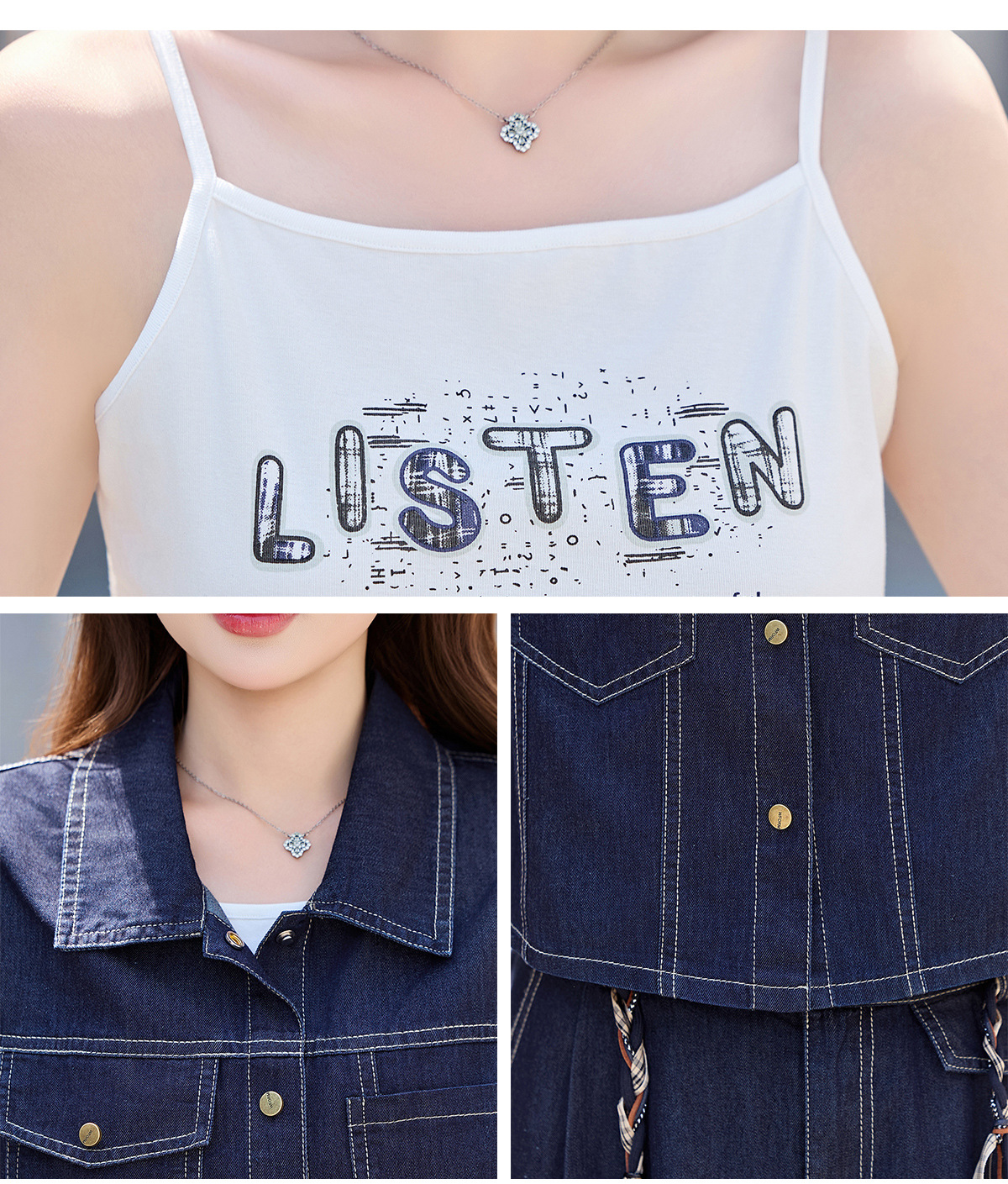 Bộ váy denim ba mảnh gồm áo khoác vest không tay, áo hai dây và chân váy midi — Màu ảnh chi tiết 22