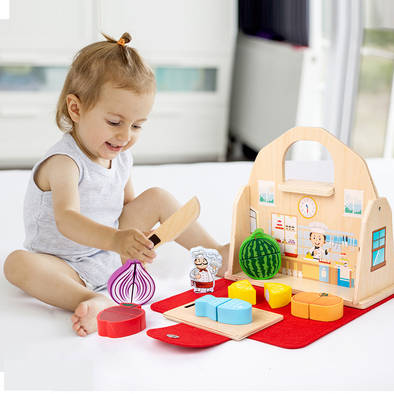 Cocina de simulación transfronteriza para niños, casa de juegos, bolso portátil, fruta cognitiva, juguete de madera image 4