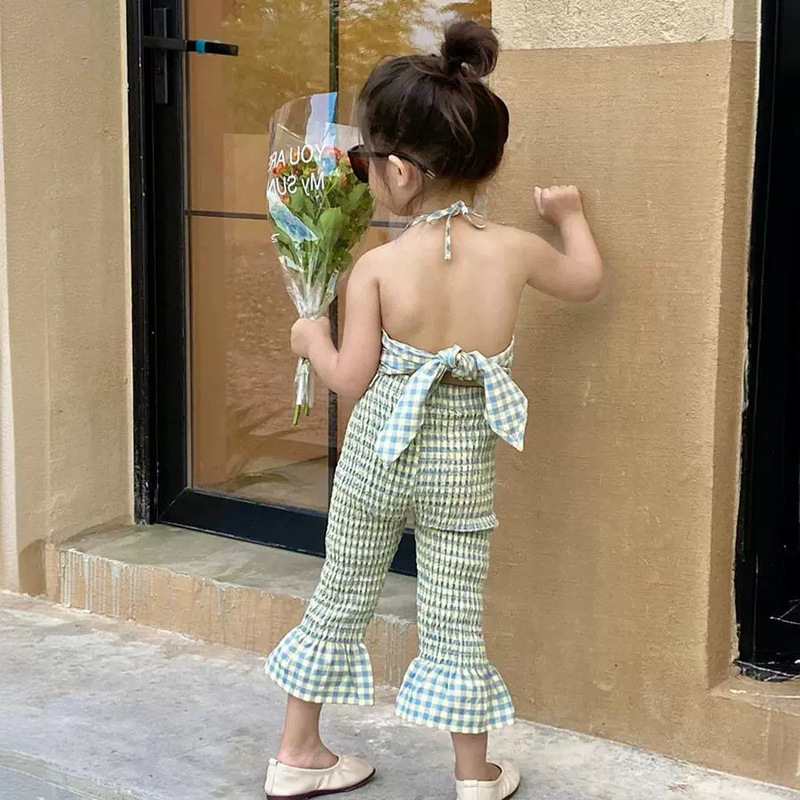 Girls' Outfit Plaid Backless Elastic Strap Top and Flared Pants 26 Summer New Style Foreign Trade Children's Clothing Girls' Outfit Plaid Backless Elastic Strap Top and Flared Pants 26 Summer New Style Foreign Trade Children's Clothing