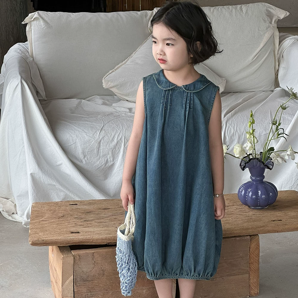 Ins детская одежда для девочек, новая летняя юбка в корейском стиле, джинсовое платье с кукольным воротником 112, детский жилет, юбка-фонарик