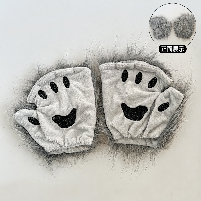 熊掌兽爪猫爪手套半指cosplay漫展道具可爱长毛绒万圣节手套欧美|undefined