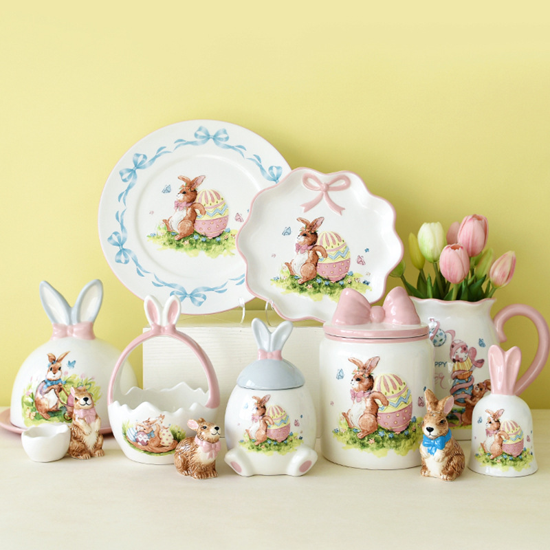 Cerámica de Pascua dibujos animados conejo cubiertos adornos encantadores set de platos para el hogar nuevos productos en stock