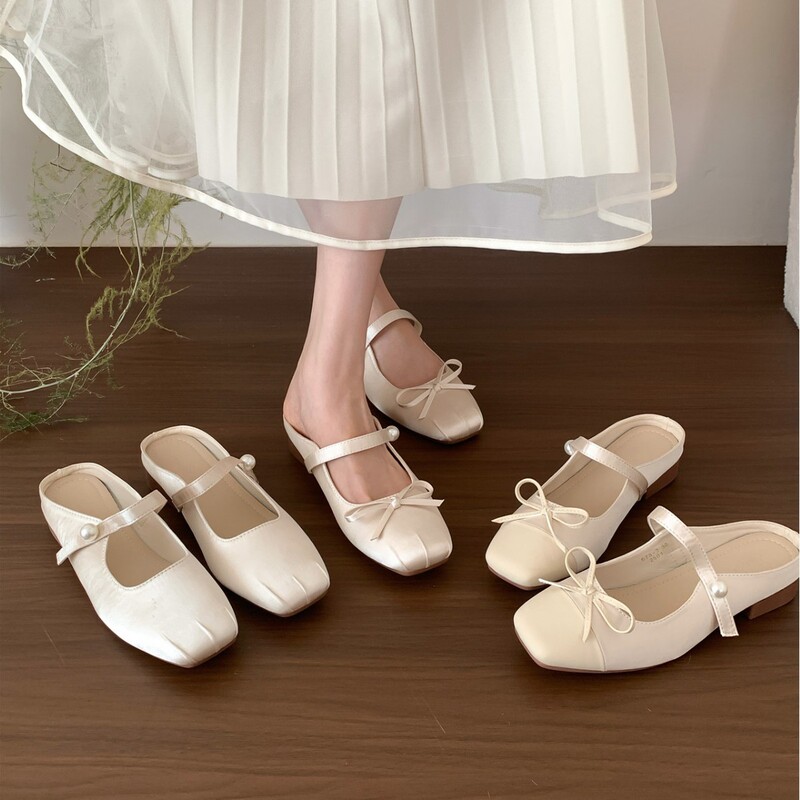 Xiao Jiejie Super Soft Satin Closed-Toe Mules for Women, Summer Bow Ballet Block Heel Sandals