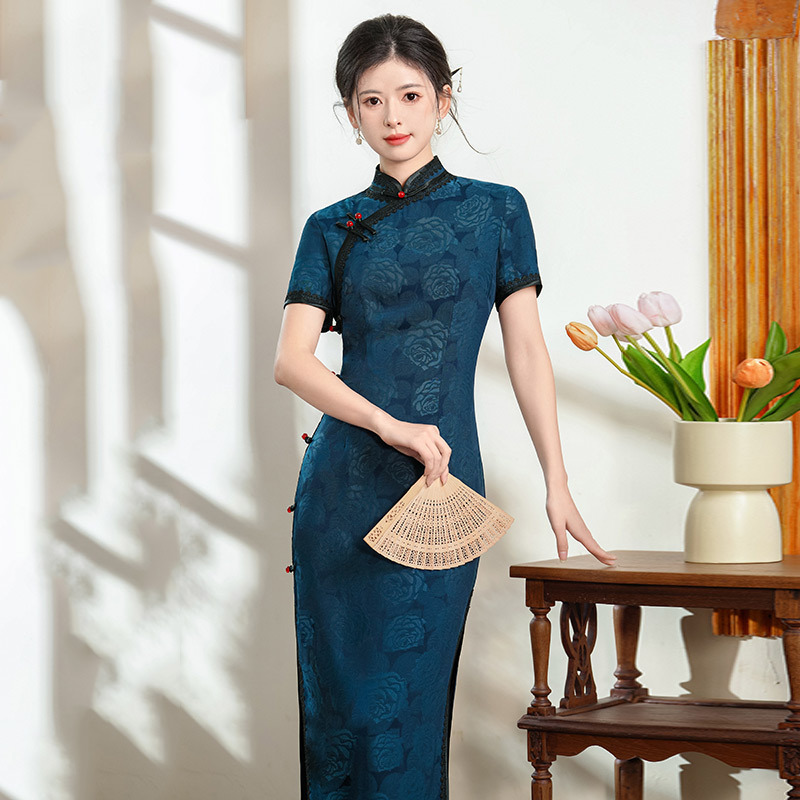 民國風長款改良旗袍2025新款女新中式老上海復古修身短袖走秀春夏