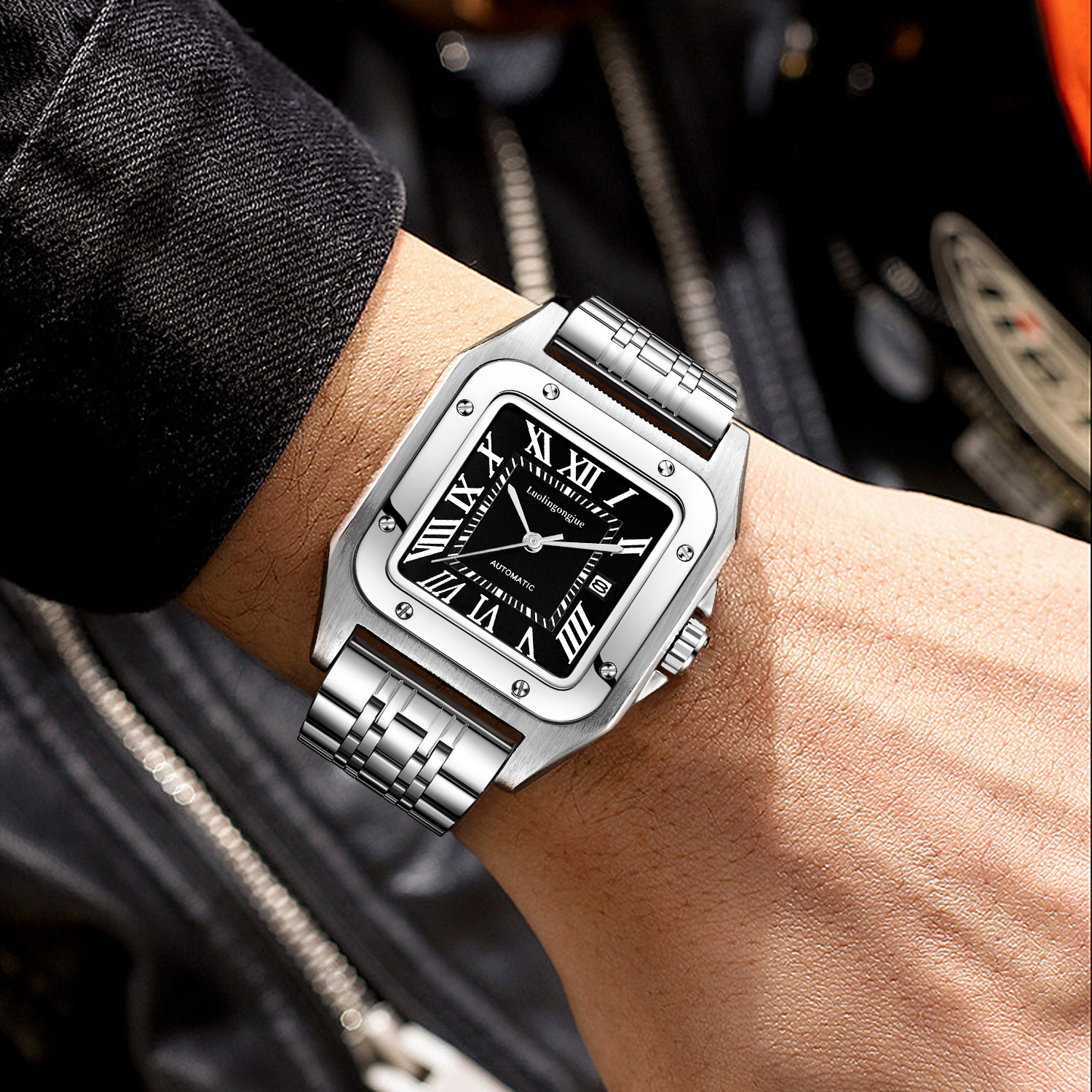 透かし彫りのストライプの山度士の全自動機械は男性の大気の大きい文字板の防水の機械の時計を卸売りして代行します。