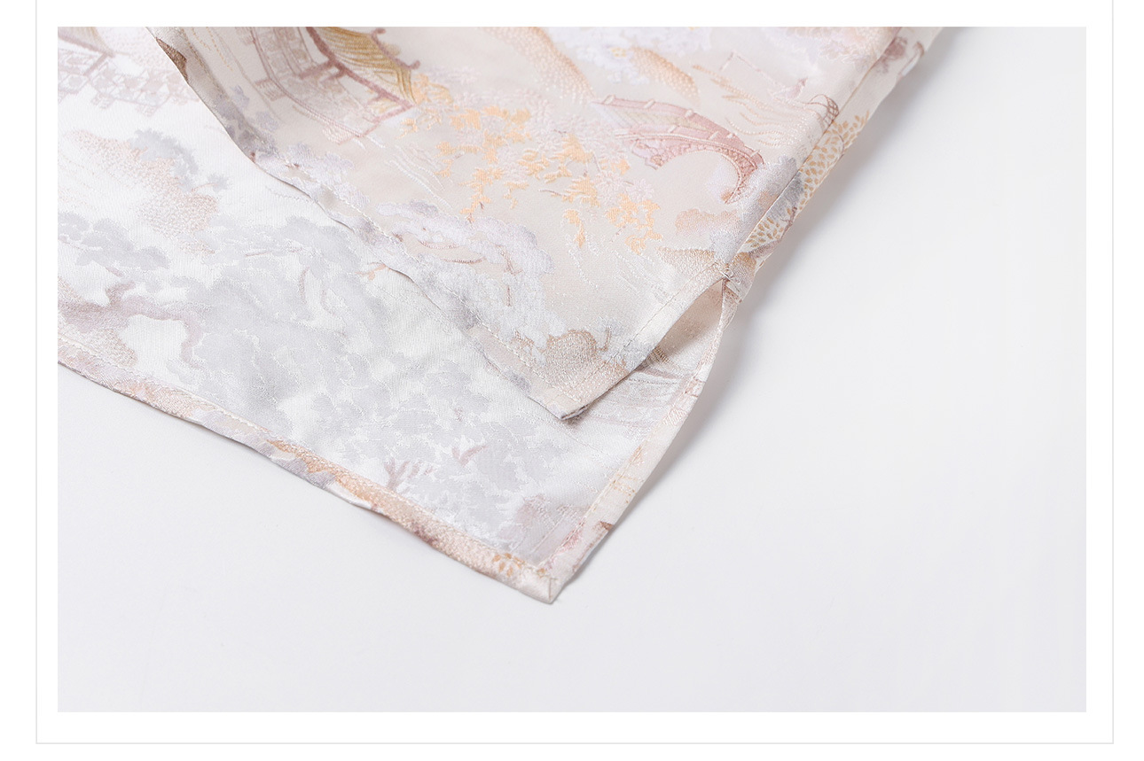 Áo thun cổ tròn tay ngắn phong cách Tân Trung Hoa đính khuy vải, chất liệu lụa tơ tằm jacquard — Màu hồng, màu mơ chi tiết 18