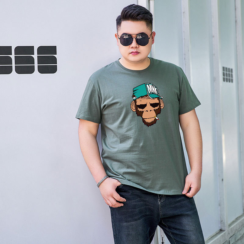 Fatty Cotton Short-sleeved T-shirt Monkey Pattern Distinctive Trendy Printed Top Plus Size Men's Base Shirt