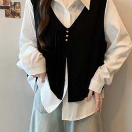 马甲拼接好看新款上衣遮肉假两件长袖衬衫巨秋季2025大码女装胖mm