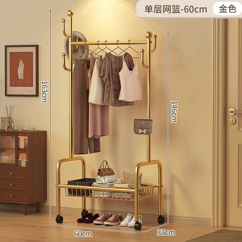 60cm 싱글 레이어 메쉬 바스켓 - 라이트 럭셔리 골드 + 후크 6개 + 금속 유니버설 휠