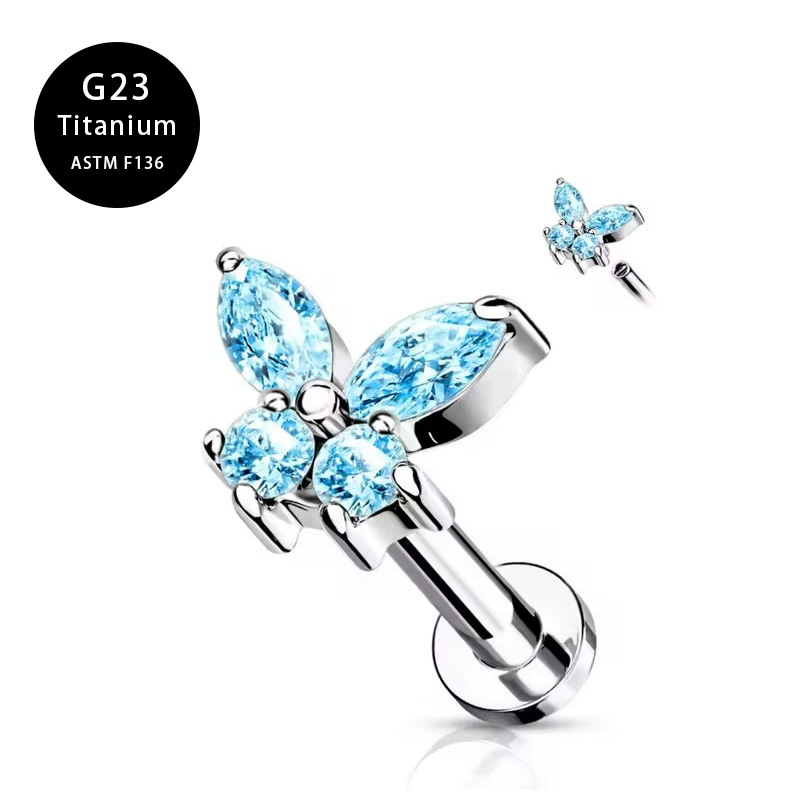 Пирсинг губ Labret, титан G23, бабочка с кристаллом, 1,0×6–12 мм, множественные цвета
