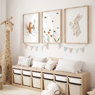 Small animal decorative painting children's room decoration hanging painting bedroom bedside Nordic fresh cartoon bunny hedgehog bear