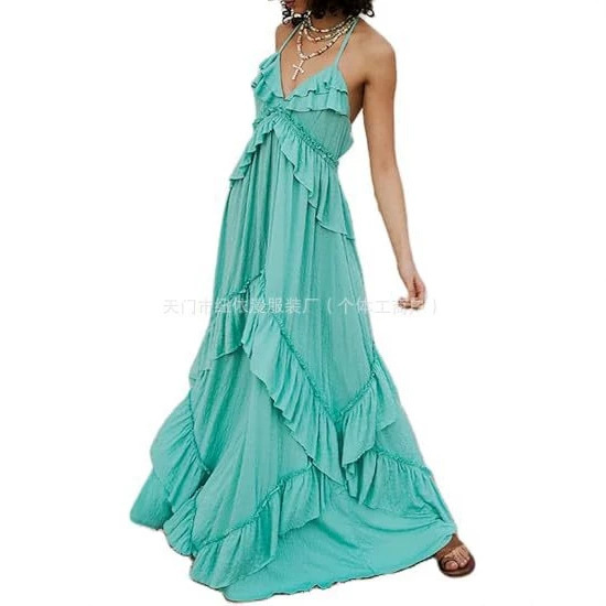 Women's Summer Spaghetti Strap Long Dress Bohemian Low-Cut Backless Flowing Boho Maxi Dress Beachwear Women's Summer Spaghetti Strap Long Dress Bohemian Low-Cut Backless Flowing Boho Maxi Dress Beachwear