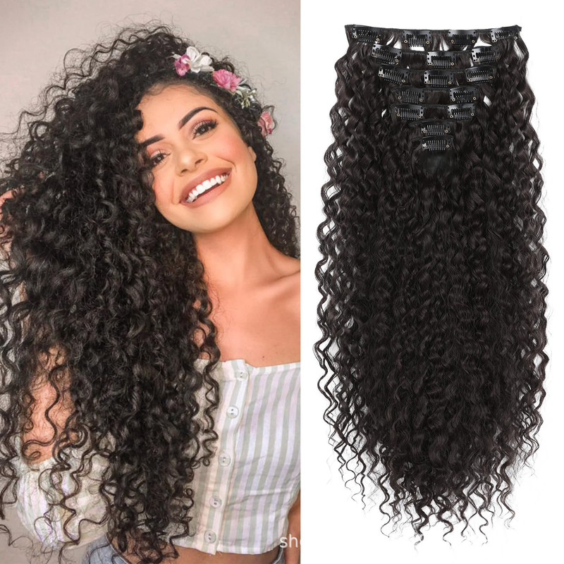 Black Synthetic Wig Curly Clip Hair Piece Full Head Heat Resistant Fiber Synthetic Curly Hair Extending African Roll 9 Piece Set