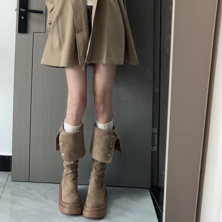 厚底长筒靴女2025新款秋冬季绒面长靴女款显瘦高筒靴子高跟棕色|undefined