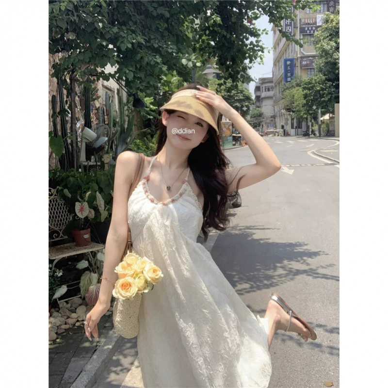 Шифоновое платье с воротником-стойкой в ​​стиле чистой страсти для женщин, летняя французская юбка с открытой спиной для отдыха на море, элитная белая длинная юбка