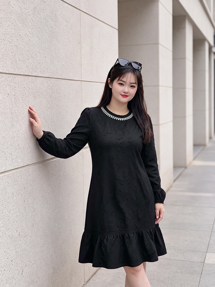 65-160kg Plus Size Women's French-Style Elegant Little Black Dress for Spring and Autumn, Beaded Knit Dress for Slightly Plump Women 65-160kg Plus Size Women's French-Style Elegant Little Black Dress for Spring and Autumn, Beaded Knit Dress for Slightly Plump Women