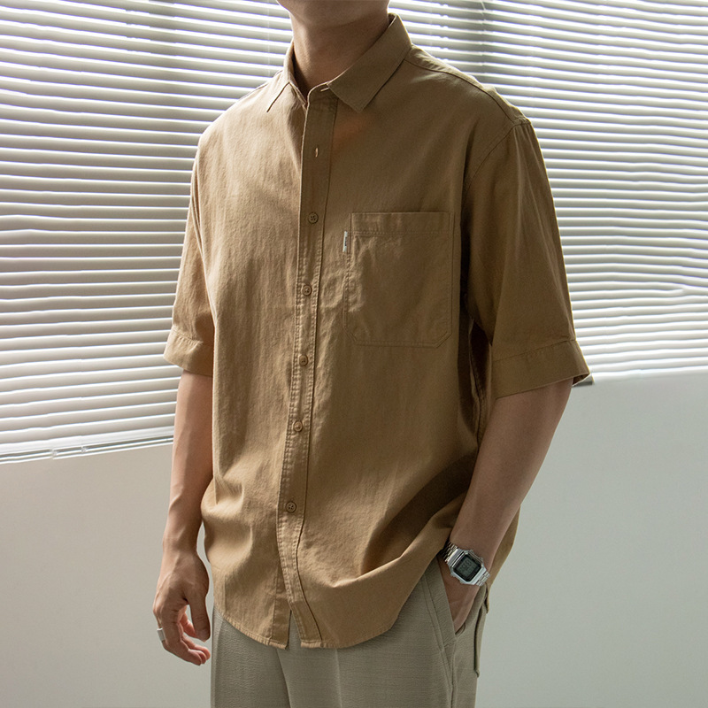 Nengmeng All-Cotton Casual Shirt for Men, Mid-Sleeve with Pocket, Japanese Style Men's Clothing, Solid Color Short-Sleeve Shirt 2355, Korean Version Trendy