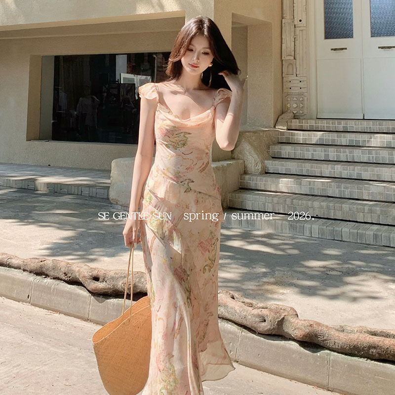 Xiu Xixi 2026 Summer White Label Elegant High-Waisted Ruffle Dress Printed Pure Desire Vacation Dress for Women 88593