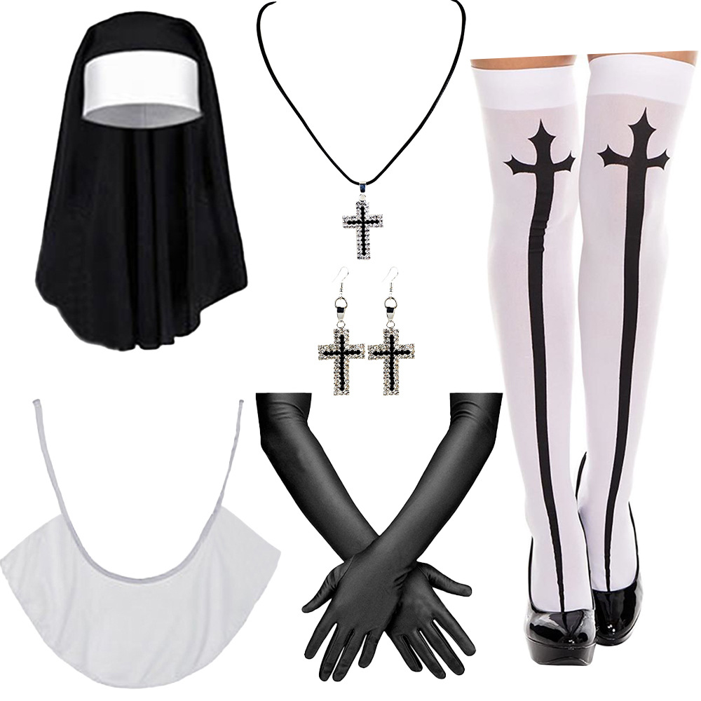 Halloween sexy cosplay monjas juegan disfraz ropa pañuelo calcetines collar crucifix set