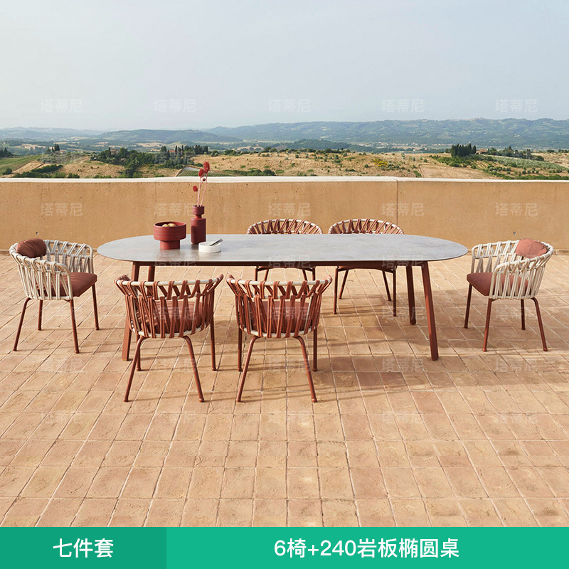 Mesas y sillas para exteriores, balcón con patio, protección solar, impermeables, muebles de ratán para ocio, terraza de jardín al aire libre, juego de mesa larga de ratán. image 17