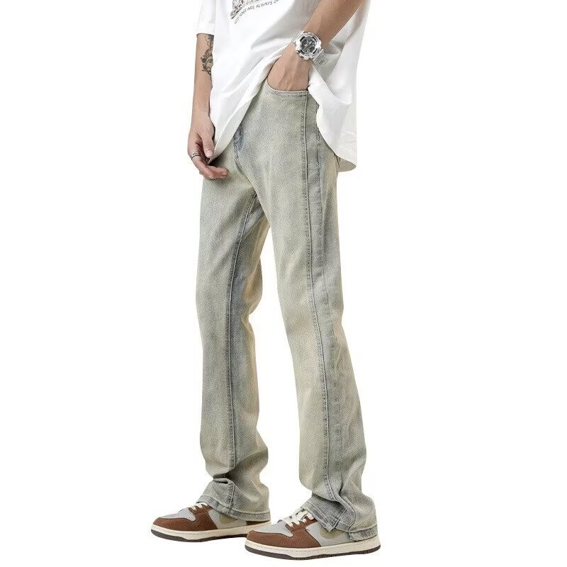 Vaqueros teñidos de barro amarillo para hombres lavados y desgastados en primavera American Retro Trendy Brand High Street Micro Pants 2024