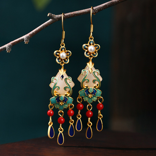 Airyuan national fashion accessories for women, antique color-preserving gold-plated imitation jade, niche design, retro earrings, birthday gifts