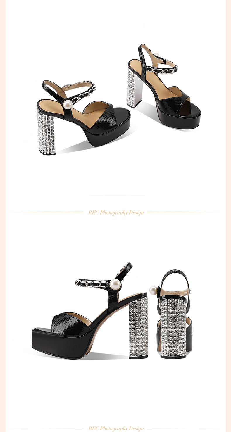 Sandal cao gót nữ hở mũi đính đá, gót thô 12 cm, đế platform 4 cm, quai ngang khóa, da thật phong cách Âu Mỹ — đen chi tiết 3