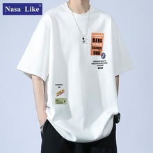 NASA纯棉短袖t恤男款2024新款夏季圆领宽松纯白潮流百搭上衣落肩