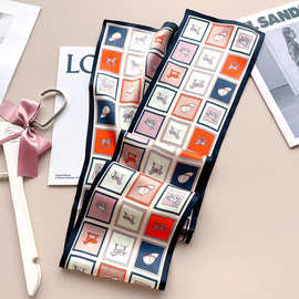 彩色方块马驹双层双面真丝印花细窄长条桑蚕丝丝巾时尚女士飘带