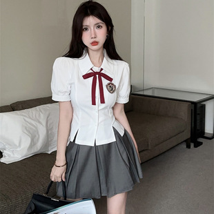 Hot Girls suit Women's Summer New JK Waist Split Bow Shirt Pure High Waist Pleated Skirt Academic Style