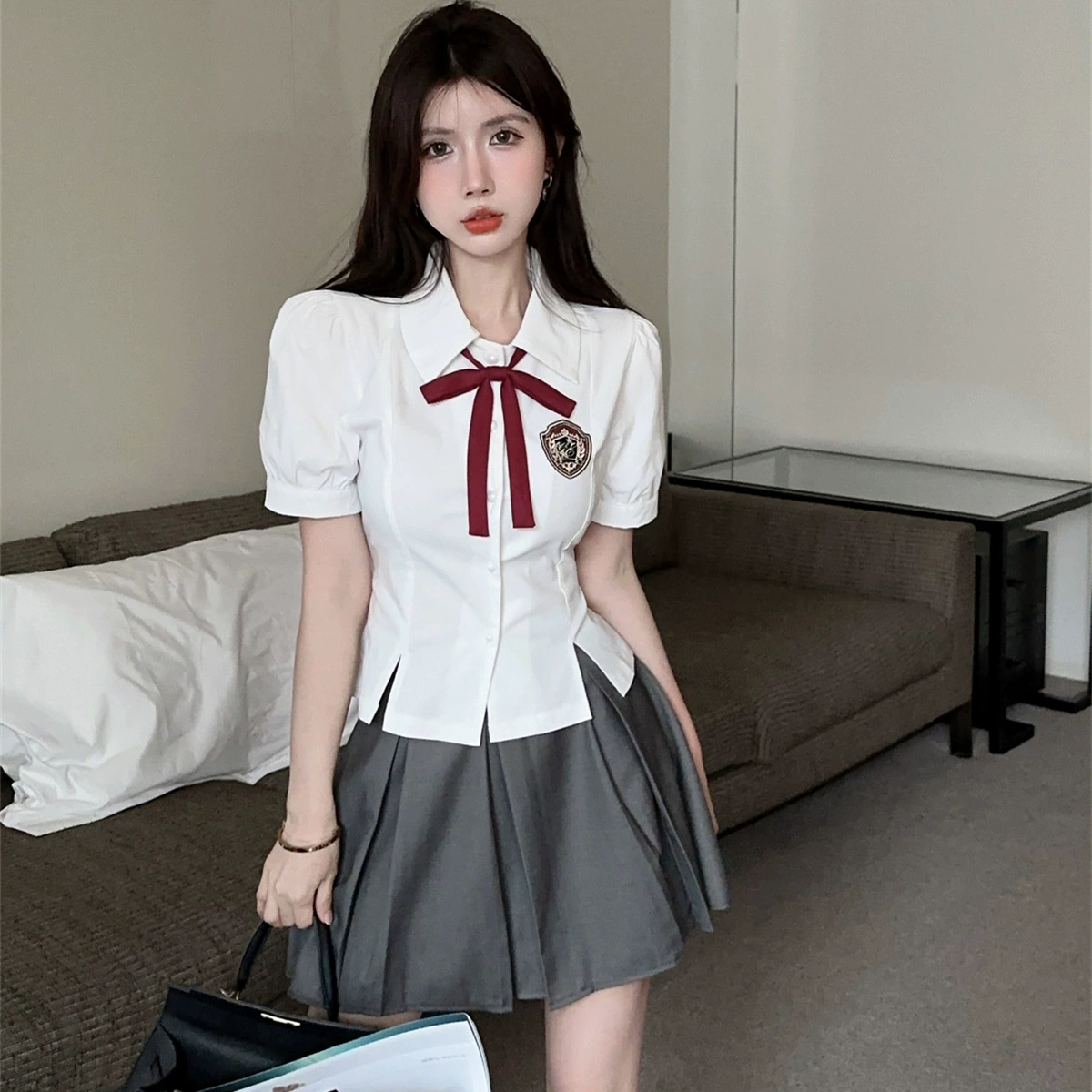 Горячая девушка костюм женский летний новый jk талия с открытой вилкой бантик рубашка чисто плиссированная юбка с высокой талией