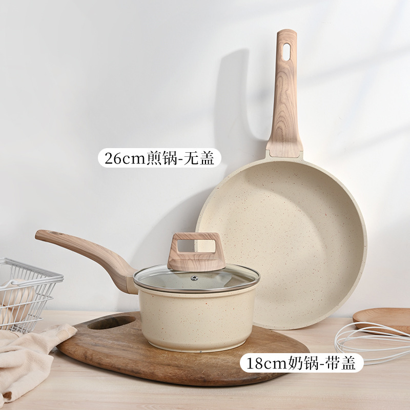 Juego de utensilios de cocina transfronterizo, juego doméstico de cuatro piezas, juego de utensilios de cocina de piedra de mármol, alto valor estético, integrado para cocinar al vapor y saltear, sartén antiadherente al por mayor