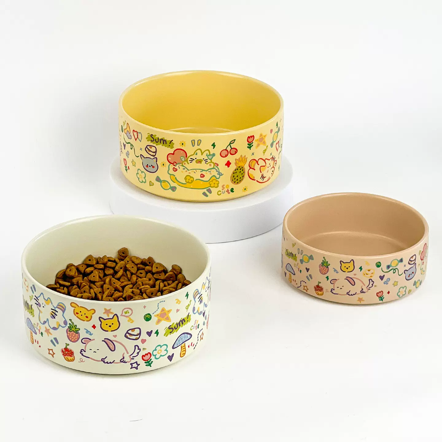涂鸦可爱猫碗陶瓷狗碗宠物用品防打翻防黑下巴猫食盆喂水碗狗粮碗