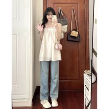 甜美可爱吊带2025夏季新款宽松温柔荷花边褶皱显瘦显白抹胸上衣女